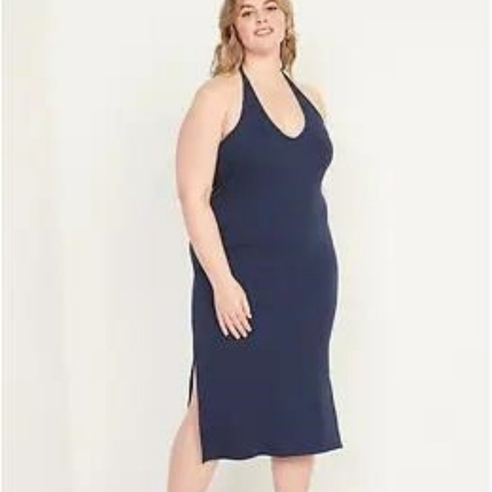 Fitted Sleeveless Halter Rib-Knit Midi Dress 3x